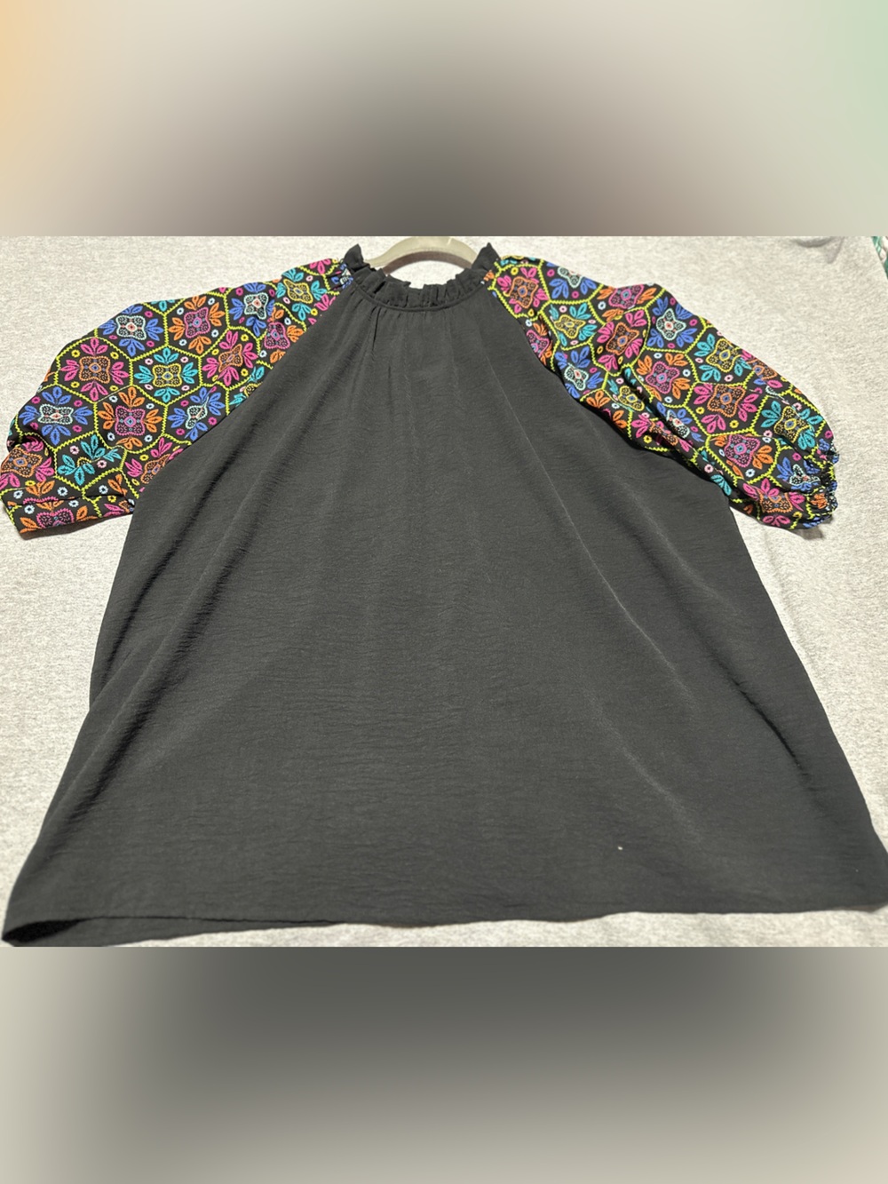Women’s Black Top with Colorful Patterned Puff Sleeves